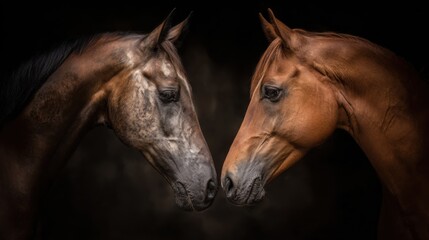 Two beautiful horses stand closely facing each other, their strong forms highlighted against a dark background. The scene captures a tranquil moment, emphasizing their striking features and bond.