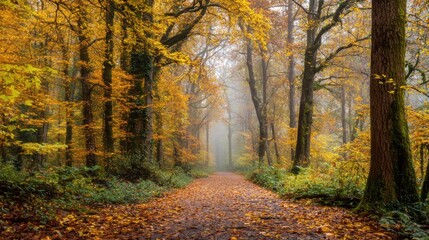 Fototapeta premium Golden leaves blanket the forest floor as morning fog weaves through tall trees. The peaceful path invites quiet exploration in a stunning display of autumn beauty.