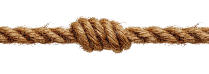A close-up of a knotted rope.  The rope is a light brownish color and has a tightly wound, complex knot in the center. The rope stretches horizontally across the image against a black background