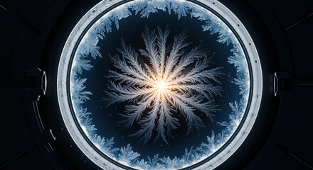 Circular frosted window with glowing light for sci-fi winter background