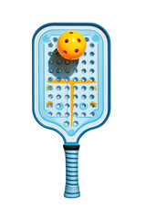 Light-blue paddle with a yellow-orange patterned face and a round orange ball positioned above the paddle's center.  The paddle has a textured grip