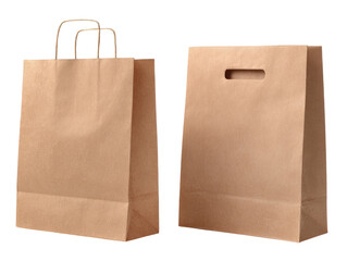 Two light brown kraft paper shopping bags.  One with handles, the other with a cut-out