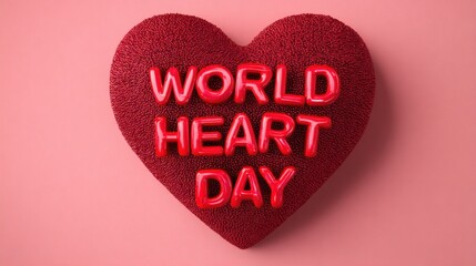A vibrant red heart-shaped decoration featuring the words World Heart Day prominently displayed against a soft pink background. This symbolizes awareness and health.