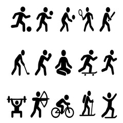 Vector icon set featuring stickman silhouettes of various sports and fitness activities, including soccer, basketball, tennis, cycling, weightlifting, boxing, yoga, skiing, hiking, skateboard