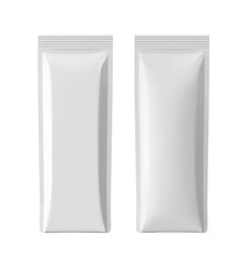 Two blank, white, rectangular pouches, vertically oriented, are displayed side-by-side.  The pouches have a slightly curved top and bottom