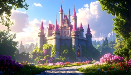 Fairytale castle in a lush garden
