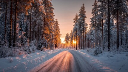 A stunning winter sunset casts golden light over a snow-covered road that winds through a tranquil forest filled with tall trees.