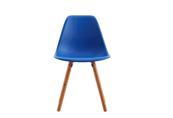 Blue plastic chair with light brown legs