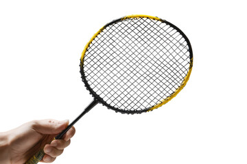 Hand holding a used badminton racket.  Yellow paint on the rim, black frame, and mesh
