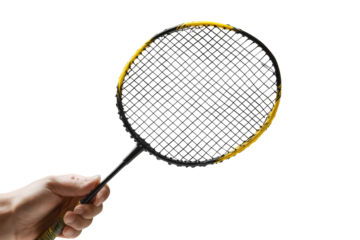 Hand holding a used badminton racket.  Yellow paint on the rim, black frame, and mesh