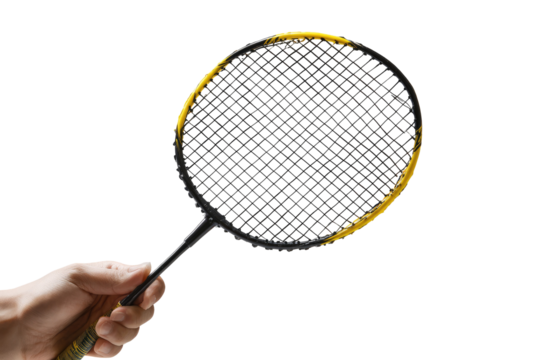 Hand holding a used badminton racket.  Yellow paint on the rim, black frame, and mesh