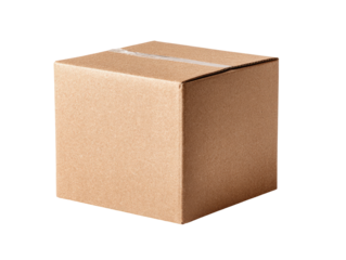 A light beige cardboard box, closed and ready for shipment.  It's a plain, rectangular box with a single horizontal band of clear tape across the top