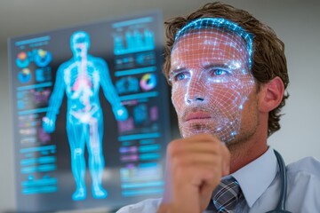 A doctor with digital face scan technology and a screen showing human anatomy, medical technology, healthcare innovation, and future science is emerging rapidly.