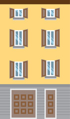Obraz premium Vector illustration of a historic center building facade, with windows, shutters, and doors. Clean and flat design, ideal for icons, web design, or graphics.