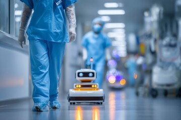 A healthcare service robot navigates a hospital hallway, delivering supplies and medicine, assisting medical personnel and improving efficiency and care in modern healthcare.