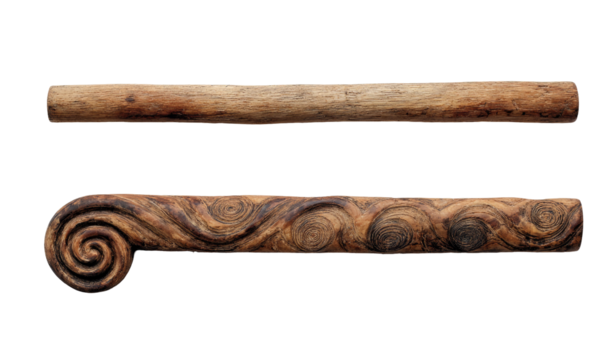 Two carved wooden artifacts.  Top piece long,  straight,  light-brown. Bottom piece,  scroll-shaped,  darker brown,  intricate wood grain