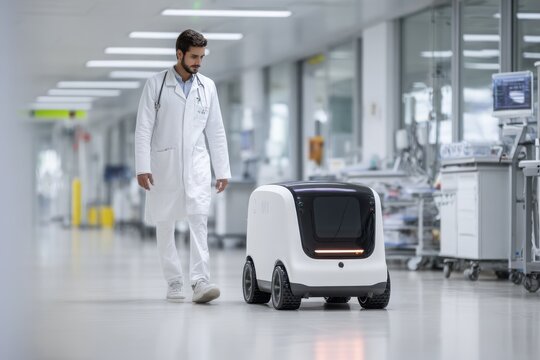 Doctor in a white coat walking alongside an autonomous delivery robot in hospital corridor, innovative healthcare logistics for efficient patient care and medication delivery.