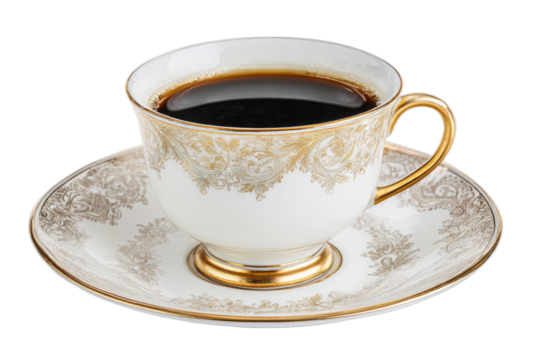 Delicate porcelain coffee cup and saucer with gold trim