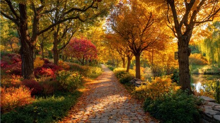 Naklejka premium A charming pathway meanders through a park adorned with colorful autumn leaves. Trees in shades of red, orange, and yellow frame the route, creating a serene atmosphere.