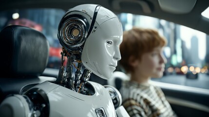 A futuristic vision featuring a humanoid robot driving a car with a child passenger, set against an urban city backdrop, symbolizing artificial intelligence and the future of transportation.