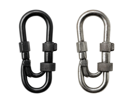 Two metal carabiners, one black and one gray, side-by-side.  Both are oval-shaped with locking mechanisms