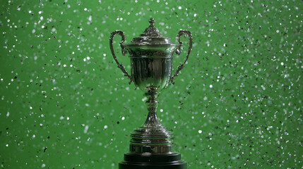 Silver trophy against a green background with glitter.