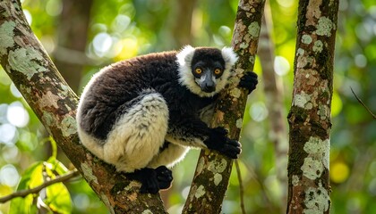 Fototapeta premium Black and white lemur in a lush forest