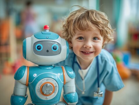 Adorable little boy dressed as a doctor smiles with his friendly robot companion, representing the future of medical technology and childhood imagination.