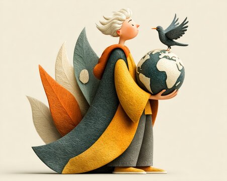 Banner for World Peace Day showing a person holding Earth globe and bird flying overhead - Powered by Adobe