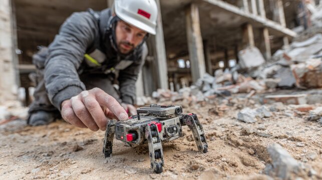 A rescue worker operating a crawler robot in a destroyed building, inspecting the damage after an earthquake or other disaster, searching for survivors.