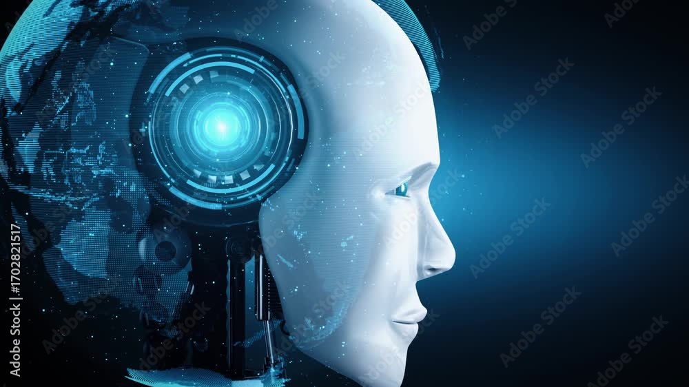 Wall mural robot hominoid face close up with graphic concept of big data analytic by ai thinking brain, artific