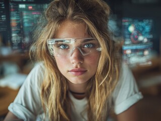 Young woman in futuristic glasses surrounded by computer screens with data, showcasing technology, artificial intelligence and future concepts, looking at the camera