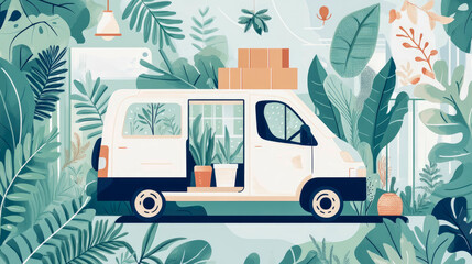 Vibrant Green Oasis on Wheels: Stylized White Delivery Van Laden with Potted Plants and Moving Boxes, Immersed in Lush, Dense Botanical Landscape Illustration