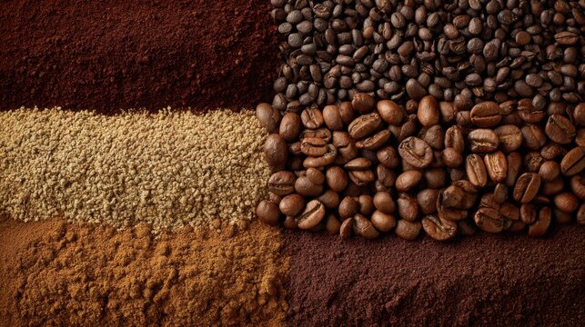 Various types of coffee beans and ground coffee are arranged in colorful layers, highlighting different textures and shades of brown. This display captures the diversity of coffee products.