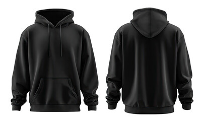 Front and back view of a black hoodie.  Detailed 3D mockup