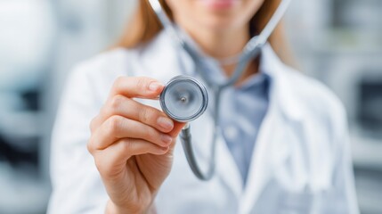 A healthcare professional holds a stethoscope close to the camera in a modern medical office. The individual is focused on preparing for a patient consultation, emphasizing care and attention.