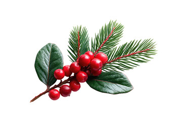 Close-up of a festive sprig.  Red berries cluster on a branch with vibrant green leaves and pine needles.  Isolated against a black background
