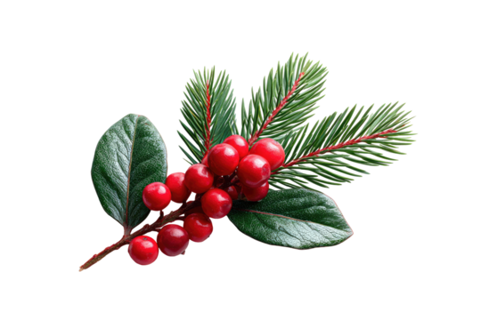 Close-up of a festive sprig. Red berries cluster on a branch with vibrant green leaves and pine needles. Isolated against a black background