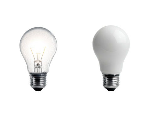 Two light bulbs, one lit, one unlit