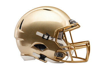 Gold football helmet, profile view.  Glossy, golden-bronze finish.  Protective facemask and chinstrap.  Modern design