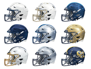 Nine football helmets in various colors, side profile view