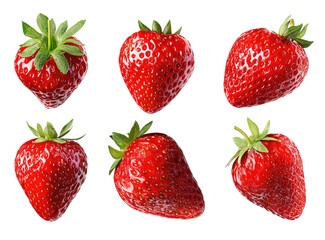 Close-up view of six fresh, vibrant strawberries.  Each displays a glossy, red skin, tiny seeds, and green leafy tops.  All are isolated against a solid black background