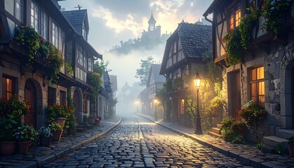 Obraz premium Enchanting European village streetscape with historic architecture and fog