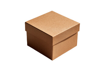 A square, light beige cardboard box sits on a black background.  Its simple, unadorned surface is smooth, and the box appears to be new and unused.  Shadows subtly highlight its form