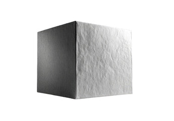 A grayscale, 3D rendered cube, textured with subtle surface irregularities
