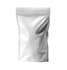 Blank,  silver-toned,  zip-top pouch.  Empty,  plastic packaging.  Realistic rendering