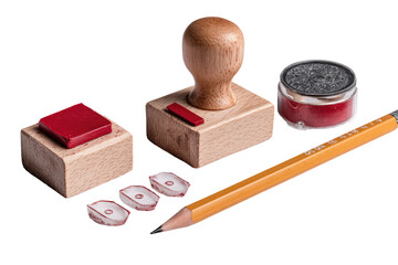 Wooden stamp set with red ink pads and a pencil