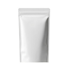 Blank white foil pouch with zipper closure.  A simple, rectangular, white, foil-like pouch, likely for food or other goods.  The pouch features a zipper closure