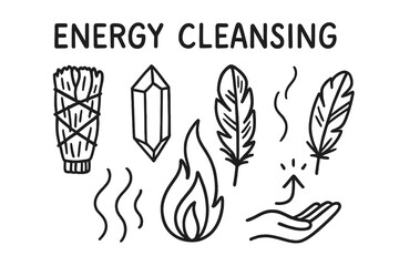 Energy Cleansing Symbols. Energy cleansing: hand drawn doodles of sage bundle, crystal, feather fan, flame, smoke lines, and