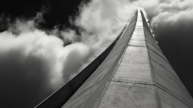 Timelapse of monolithic brutalist concrete tower tapers into the sky, shot from ground level. Black and white, high contrast